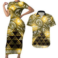 Matariki New Zealand Couples Matching Short Sleeve Bodycon Dress and Hawaiian Shirt NZ Niho Taniwha Maori New Year Yellow Galaxy LT14 Yellow - Polynesian Pride