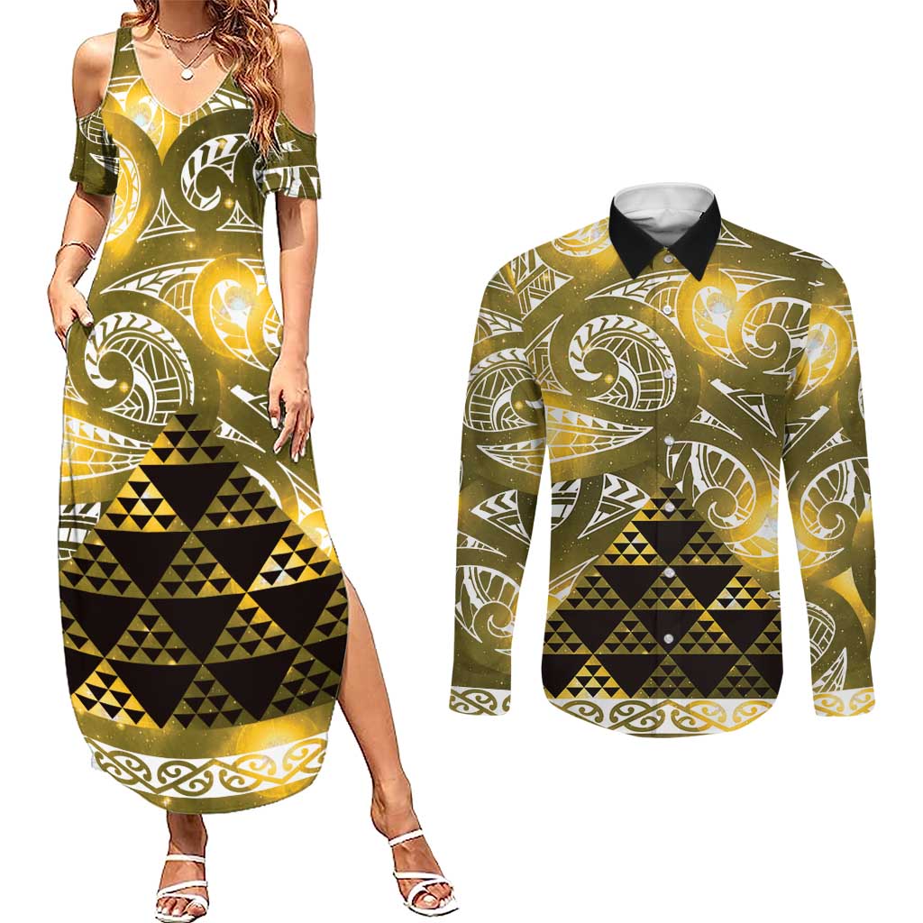 Matariki New Zealand Couples Matching Summer Maxi Dress and Long Sleeve Button Shirt NZ Niho Taniwha Maori New Year Yellow Galaxy