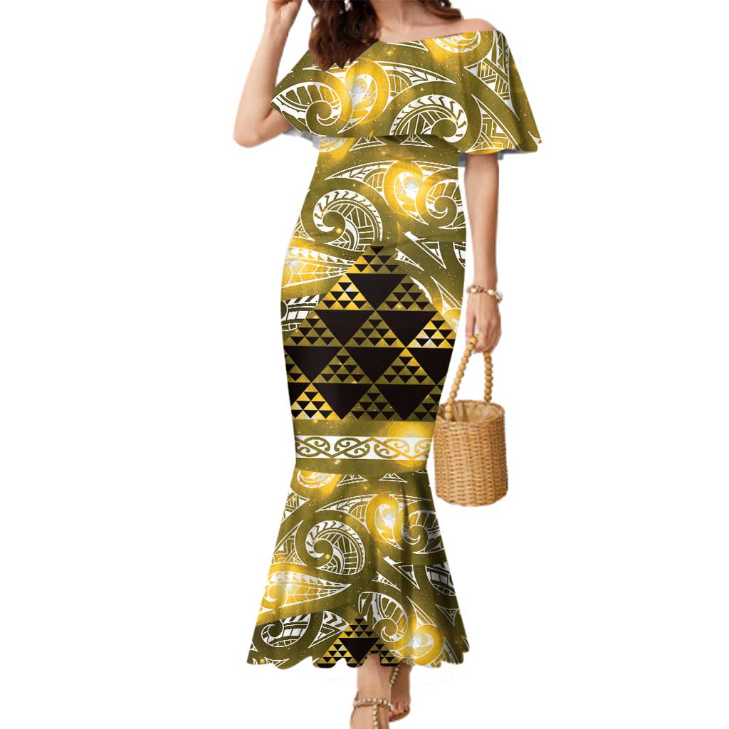 Matariki New Zealand Family Matching Mermaid Dress and Hawaiian Shirt NZ Niho Taniwha Maori New Year Yellow Galaxy LT14 Mom's Dress Yellow - Polynesian Pride