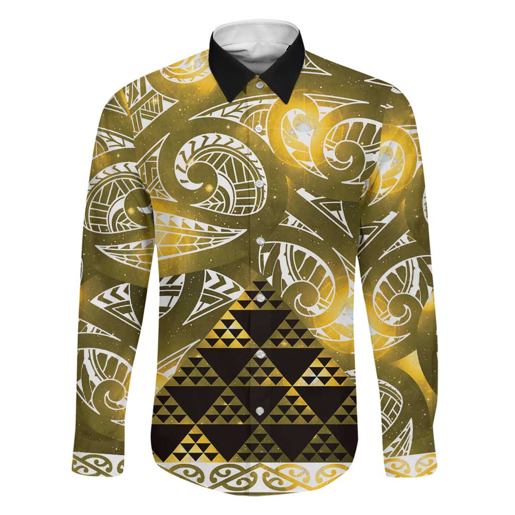 Matariki New Zealand Family Matching Off Shoulder Short Dress and Hawaiian Shirt NZ Niho Taniwha Maori New Year Yellow Galaxy LT14 Dad's Shirt - Long Sleeve Yellow - Polynesian Pride