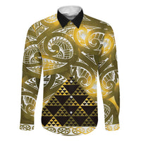 Matariki New Zealand Family Matching Off Shoulder Short Dress and Hawaiian Shirt NZ Niho Taniwha Maori New Year Yellow Galaxy LT14 Dad's Shirt - Long Sleeve Yellow - Polynesian Pride