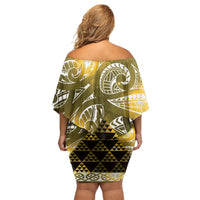 Matariki New Zealand Family Matching Off Shoulder Short Dress and Hawaiian Shirt NZ Niho Taniwha Maori New Year Yellow Galaxy LT14 - Polynesian Pride