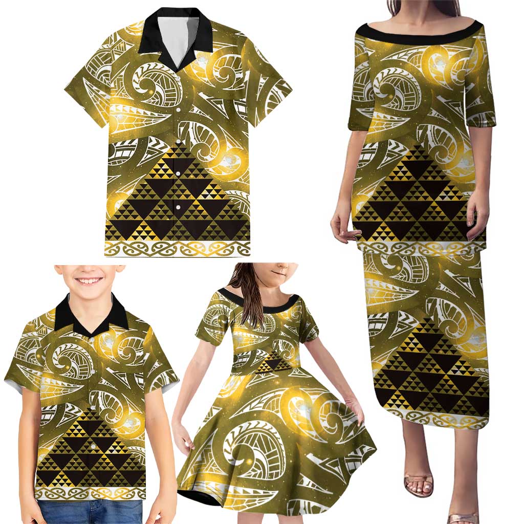 Matariki New Zealand Family Matching Puletasi and Hawaiian Shirt NZ Niho Taniwha Maori New Year Yellow Galaxy