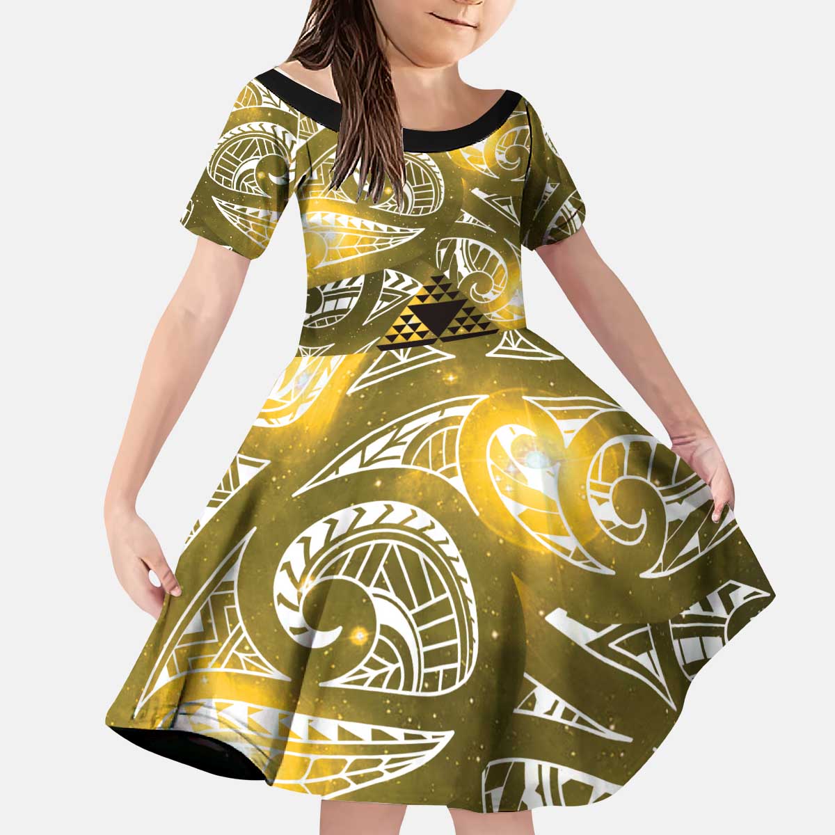 Matariki New Zealand Kid Short Sleeve Dress NZ Niho Taniwha Maori New Year Yellow Galaxy LT14 KID Yellow - Polynesian Pride
