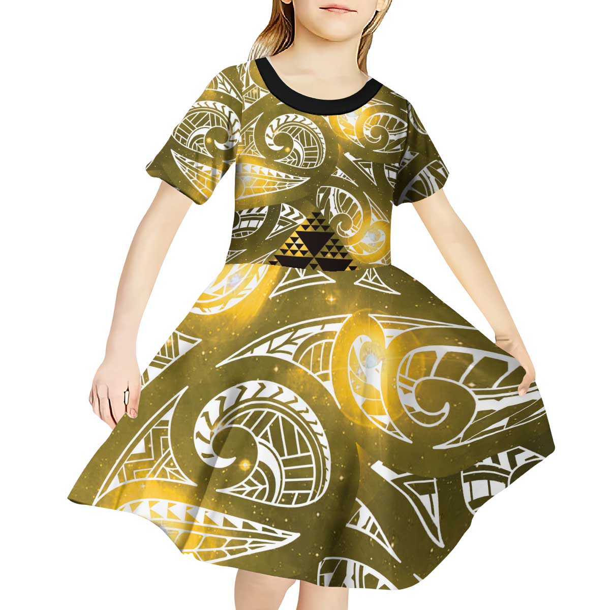 Matariki New Zealand Kid Short Sleeve Dress NZ Niho Taniwha Maori New Year Yellow Galaxy LT14 - Polynesian Pride