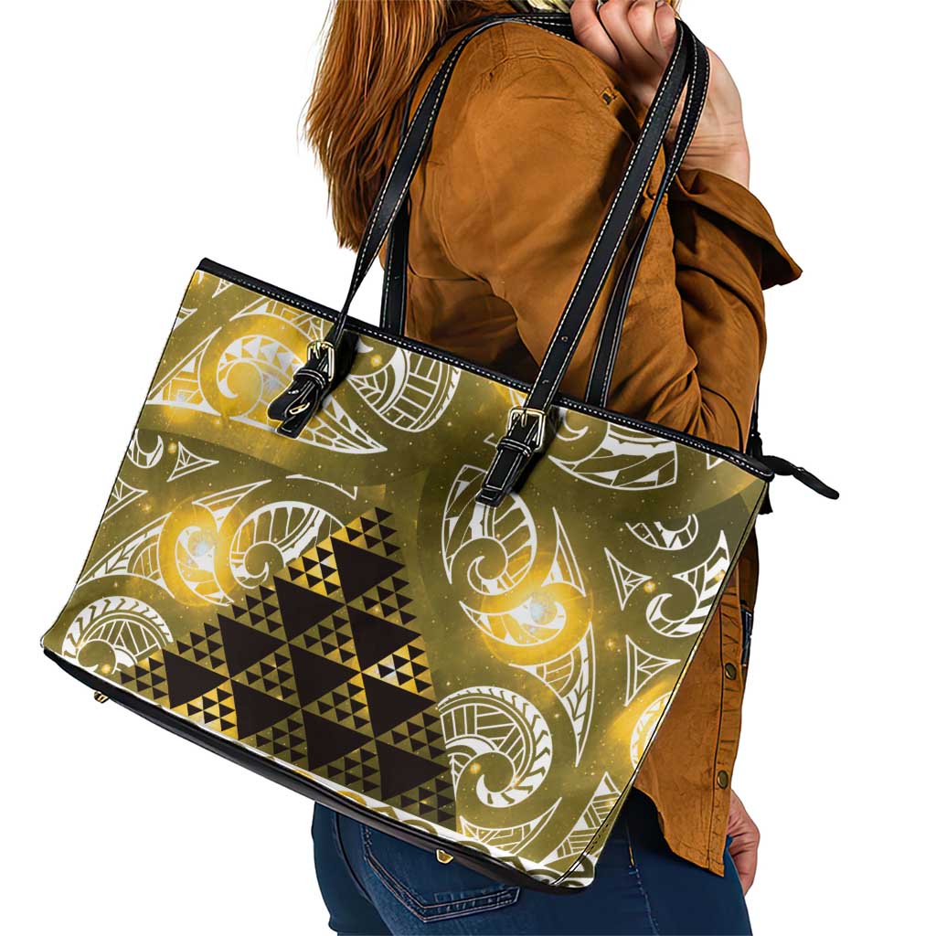 Matariki New Zealand Leather Tote Bag NZ Niho Taniwha Maori New Year Yellow Galaxy
