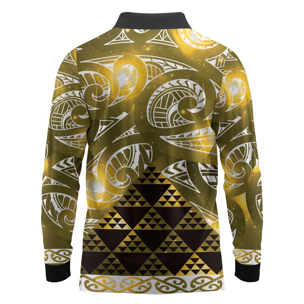 Matariki New Zealand Long Sleeve Polo Shirt NZ Niho Taniwha Maori New Year Yellow Galaxy LT14 - Polynesian Pride