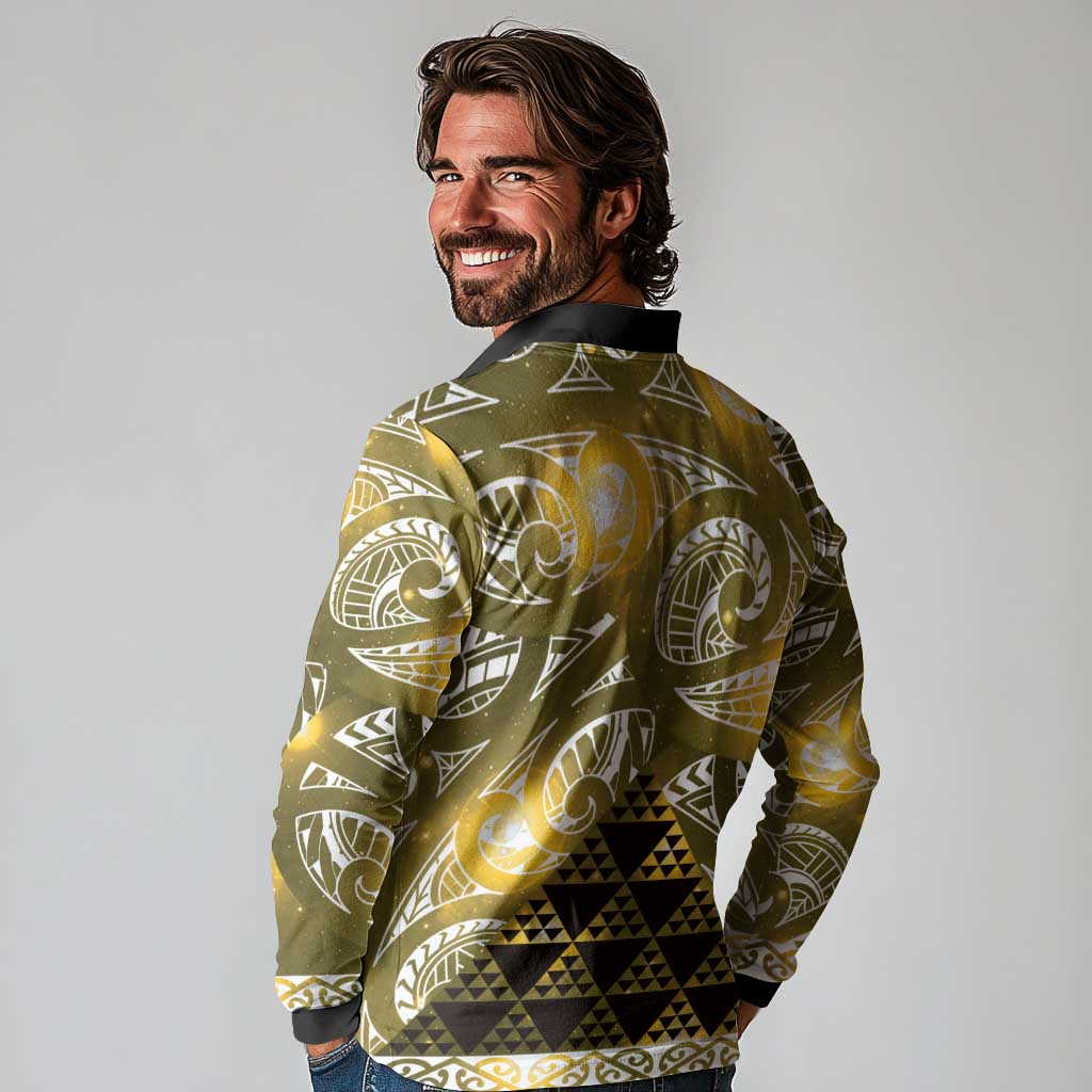 Matariki New Zealand Long Sleeve Polo Shirt NZ Niho Taniwha Maori New Year Yellow Galaxy LT14 - Polynesian Pride