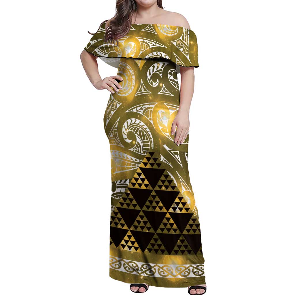 Matariki New Zealand Off Shoulder Maxi Dress NZ Niho Taniwha Maori New Year Yellow Galaxy LT14 Women Yellow - Polynesian Pride