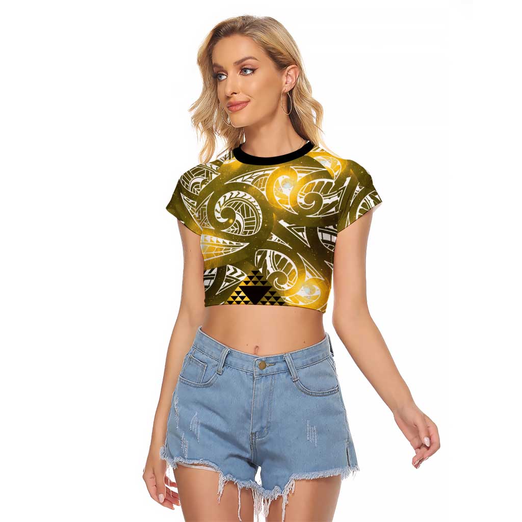 Matariki New Zealand Raglan Cropped T Shirt NZ Niho Taniwha Maori New Year Yellow Galaxy LT14 Female Yellow - Polynesian Pride