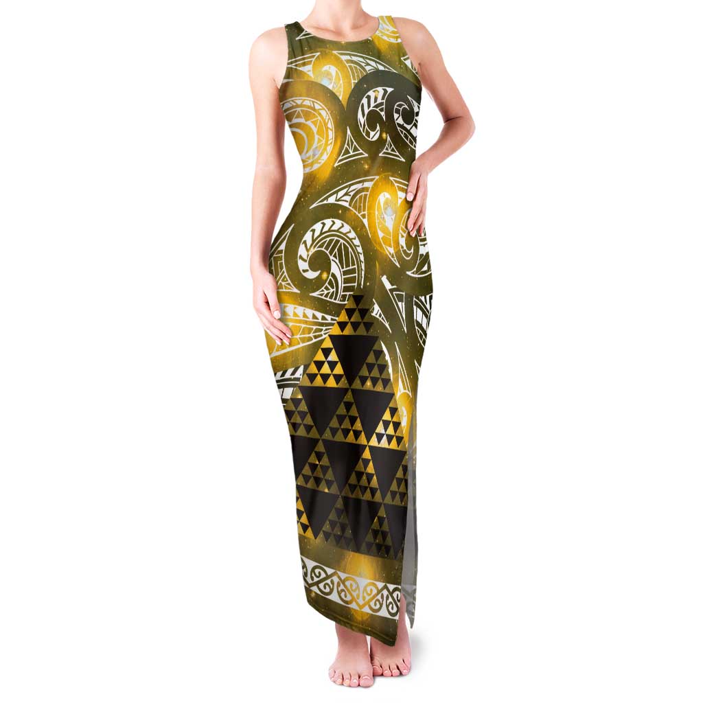 Matariki New Zealand Tank Maxi Dress NZ Niho Taniwha Maori New Year Yellow Galaxy LT14 Women Yellow - Polynesian Pride