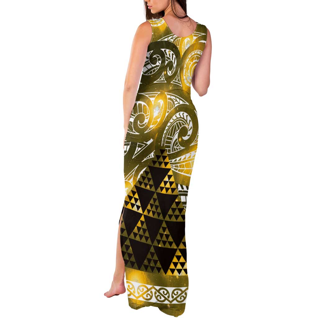Matariki New Zealand Tank Maxi Dress NZ Niho Taniwha Maori New Year Yellow Galaxy LT14 - Polynesian Pride