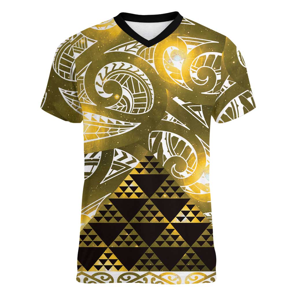 Matariki New Zealand Women V-Neck T-Shirt NZ Niho Taniwha Maori New Year Yellow Galaxy LT14 Female Yellow - Polynesian Pride