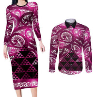 Matariki New Zealand Couples Matching Long Sleeve Bodycon Dress and Long Sleeve Button Shirt NZ Niho Taniwha Maori New Year Pink Galaxy LT14 Pink - Polynesian Pride