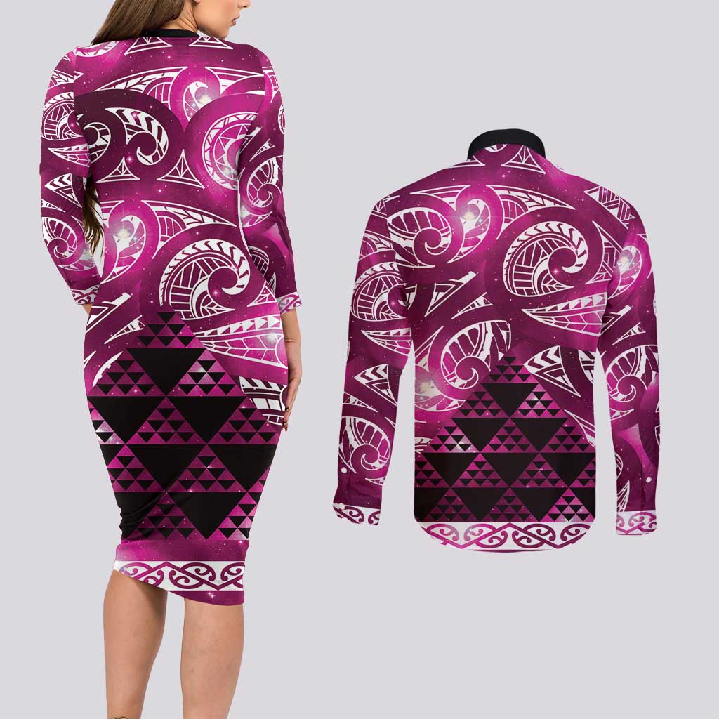 Matariki New Zealand Couples Matching Long Sleeve Bodycon Dress and Long Sleeve Button Shirt NZ Niho Taniwha Maori New Year Pink Galaxy LT14 - Polynesian Pride