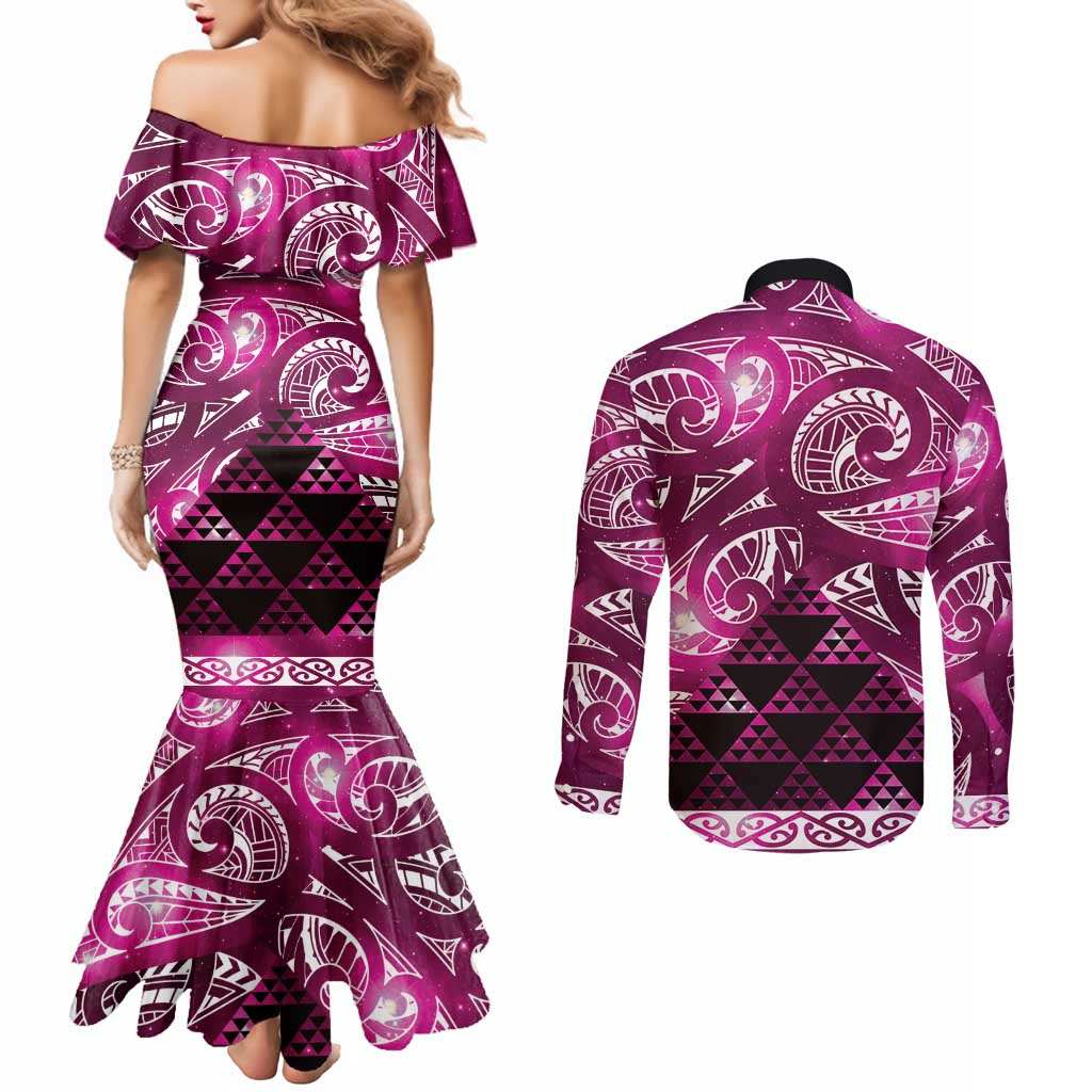 Matariki New Zealand Couples Matching Mermaid Dress and Long Sleeve Button Shirt NZ Niho Taniwha Maori New Year Pink Galaxy LT14 - Polynesian Pride