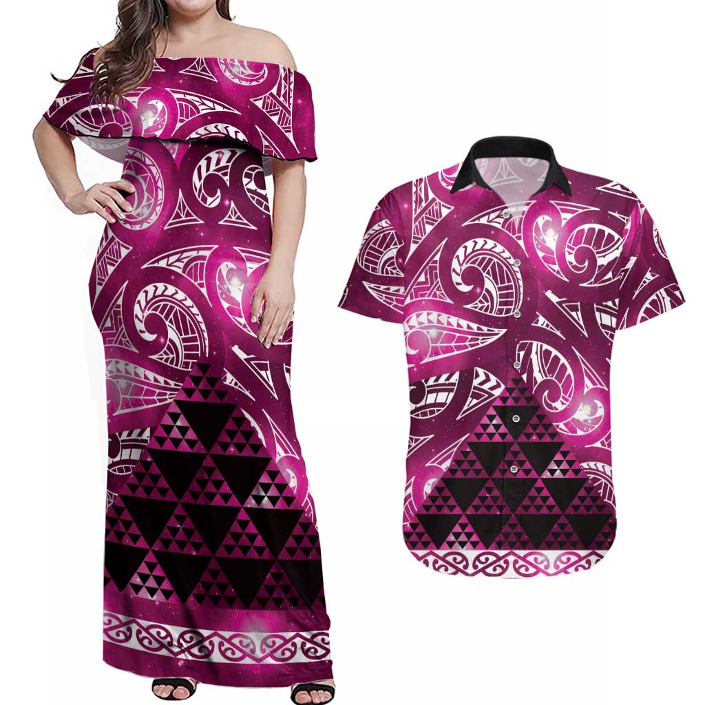 Matariki New Zealand Couples Matching Off Shoulder Maxi Dress and Hawaiian Shirt NZ Niho Taniwha Maori New Year Pink Galaxy LT14 Pink - Polynesian Pride