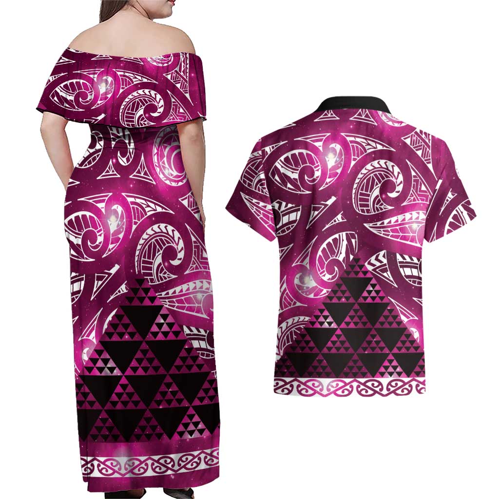 Matariki New Zealand Couples Matching Off Shoulder Maxi Dress and Hawaiian Shirt NZ Niho Taniwha Maori New Year Pink Galaxy LT14 - Polynesian Pride