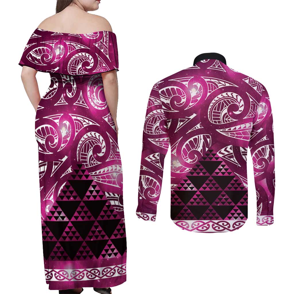 Matariki New Zealand Couples Matching Off Shoulder Maxi Dress and Long Sleeve Button Shirt NZ Niho Taniwha Maori New Year Pink Galaxy LT14 - Polynesian Pride