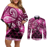 Matariki New Zealand Couples Matching Off Shoulder Short Dress and Long Sleeve Button Shirt NZ Niho Taniwha Maori New Year Pink Galaxy LT14 Pink - Polynesian Pride