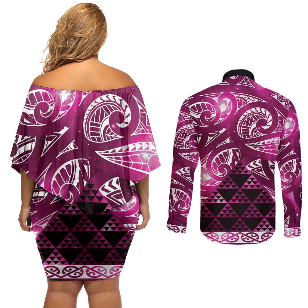 Matariki New Zealand Couples Matching Off Shoulder Short Dress and Long Sleeve Button Shirt NZ Niho Taniwha Maori New Year Pink Galaxy LT14 - Polynesian Pride