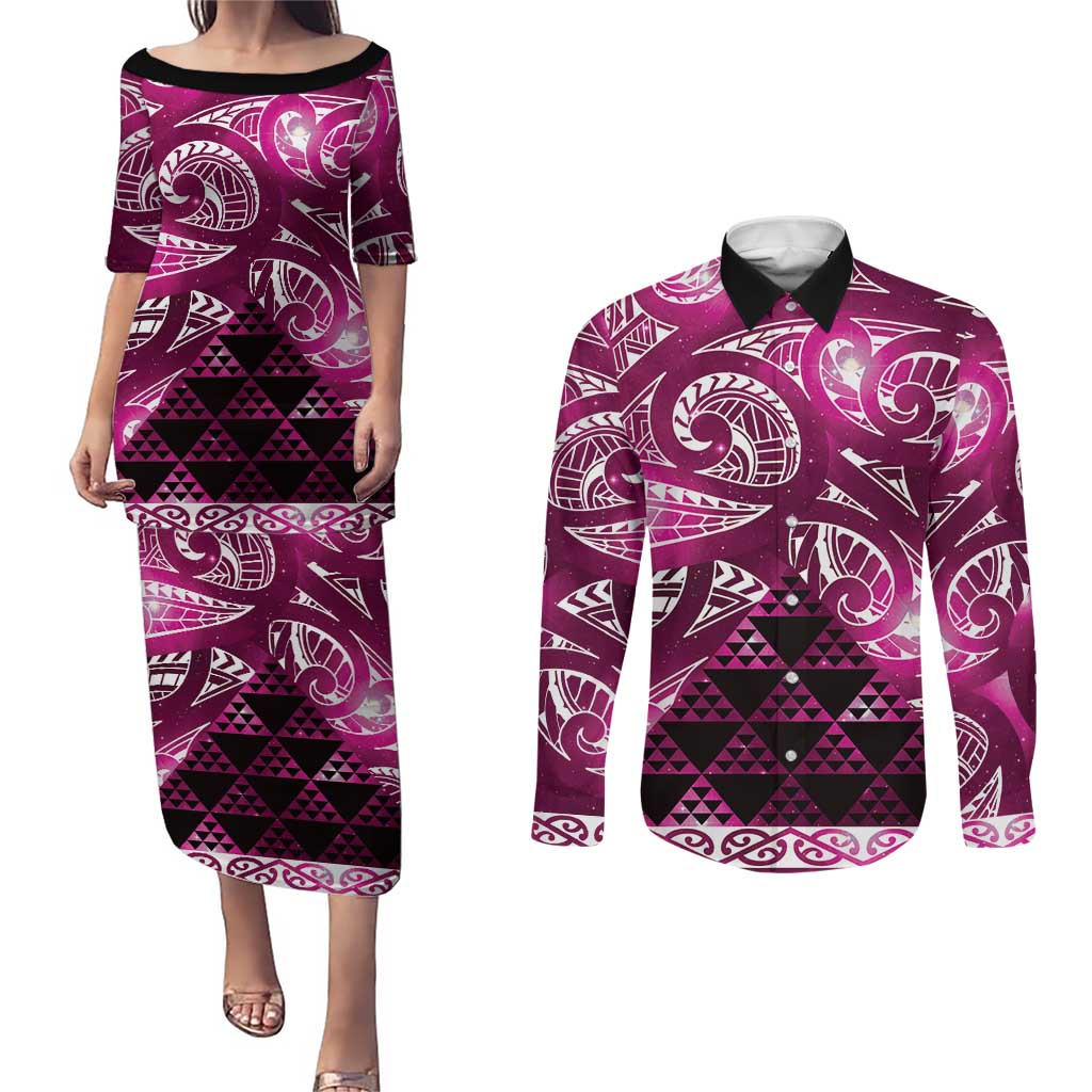 Matariki New Zealand Couples Matching Puletasi and Long Sleeve Button Shirt NZ Niho Taniwha Maori New Year Pink Galaxy LT14 Pink - Polynesian Pride