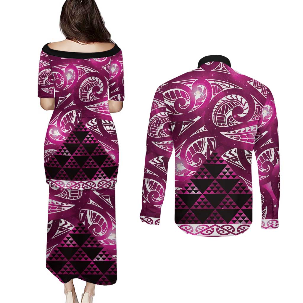 Matariki New Zealand Couples Matching Puletasi and Long Sleeve Button Shirt NZ Niho Taniwha Maori New Year Pink Galaxy LT14 - Polynesian Pride