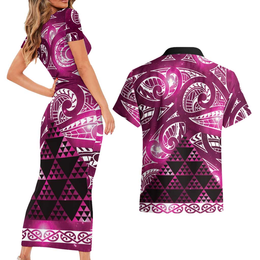 Matariki New Zealand Couples Matching Short Sleeve Bodycon Dress and Hawaiian Shirt NZ Niho Taniwha Maori New Year Pink Galaxy LT14 - Polynesian Pride
