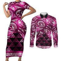 Matariki New Zealand Couples Matching Short Sleeve Bodycon Dress and Long Sleeve Button Shirt NZ Niho Taniwha Maori New Year Pink Galaxy LT14 Pink - Polynesian Pride
