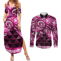 Matariki New Zealand Couples Matching Summer Maxi Dress and Long Sleeve Button Shirt NZ Niho Taniwha Maori New Year Pink Galaxy LT14 Pink - Polynesian Pride