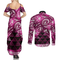 Matariki New Zealand Couples Matching Summer Maxi Dress and Long Sleeve Button Shirt NZ Niho Taniwha Maori New Year Pink Galaxy LT14 - Polynesian Pride