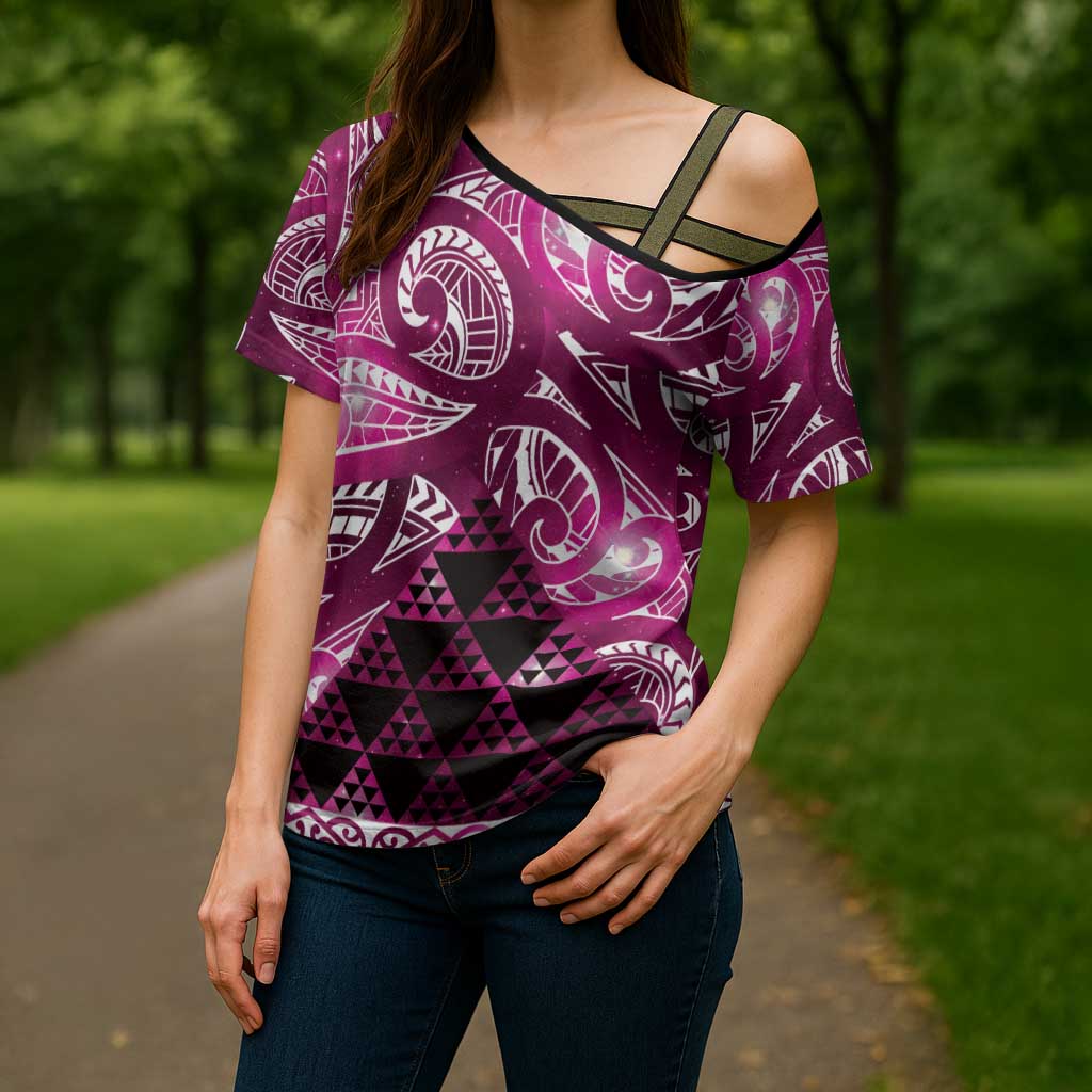 Matariki New Zealand Cross Shoulder Shirt NZ Niho Taniwha Maori New Year Pink Galaxy LT14 - Polynesian Pride