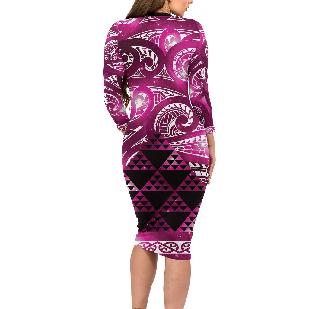 Matariki New Zealand Family Matching Long Sleeve Bodycon Dress and Hawaiian Shirt NZ Niho Taniwha Maori New Year Pink Galaxy LT14 - Polynesian Pride