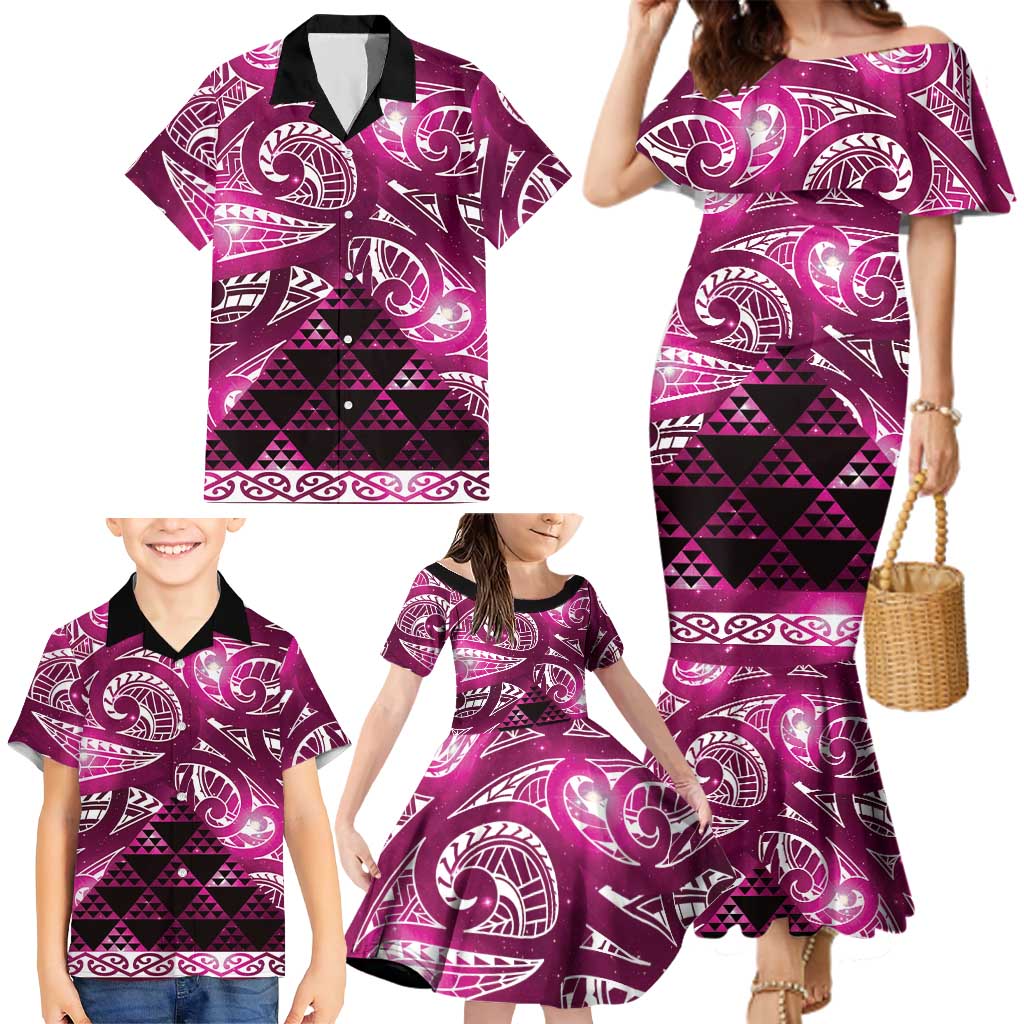 Matariki New Zealand Family Matching Mermaid Dress and Hawaiian Shirt NZ Niho Taniwha Maori New Year Pink Galaxy