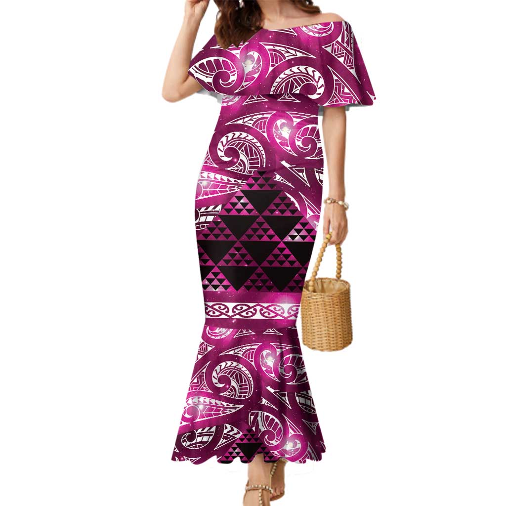 Matariki New Zealand Family Matching Mermaid Dress and Hawaiian Shirt NZ Niho Taniwha Maori New Year Pink Galaxy LT14 Mom's Dress Pink - Polynesian Pride