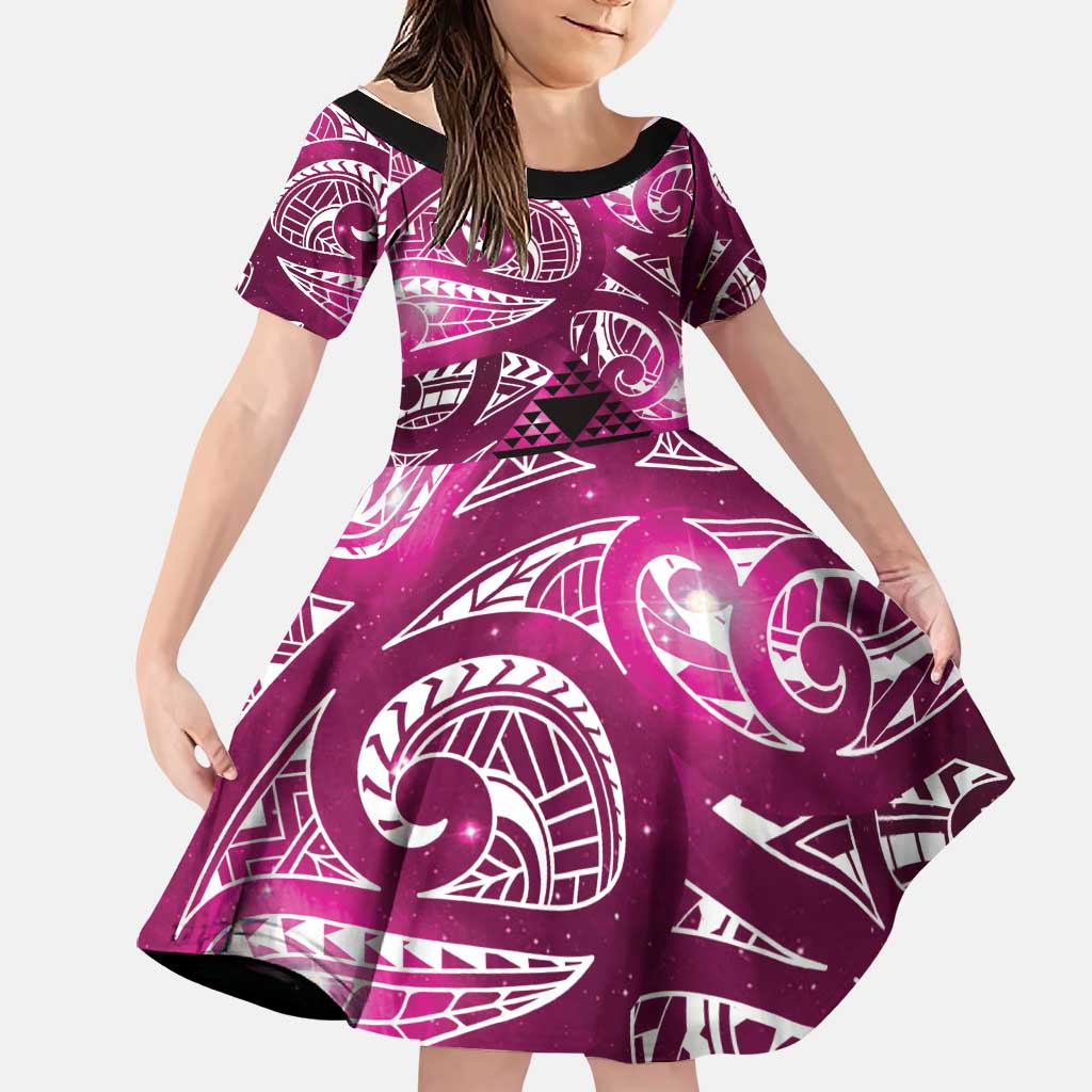Matariki New Zealand Family Matching Short Sleeve Bodycon Dress and Hawaiian Shirt NZ Niho Taniwha Maori New Year Pink Galaxy LT14 Daughter's Dress Pink - Polynesian Pride