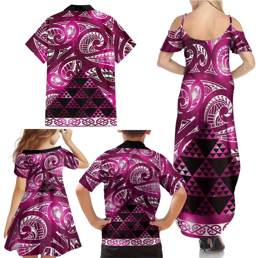Matariki New Zealand Family Matching Summer Maxi Dress and Hawaiian Shirt NZ Niho Taniwha Maori New Year Pink Galaxy LT14 - Polynesian Pride
