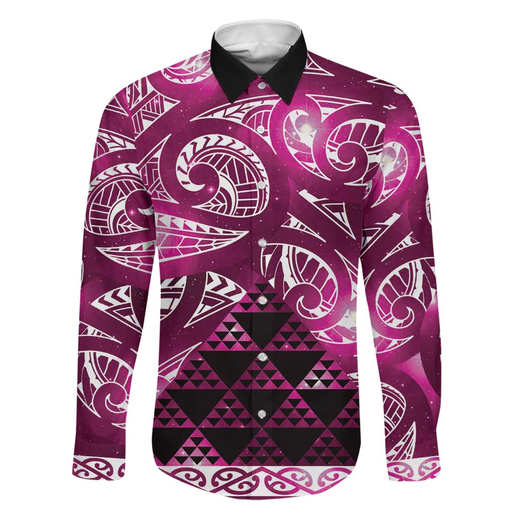 Matariki New Zealand Family Matching Summer Maxi Dress and Hawaiian Shirt NZ Niho Taniwha Maori New Year Pink Galaxy LT14 Dad's Shirt - Long Sleeve Pink - Polynesian Pride