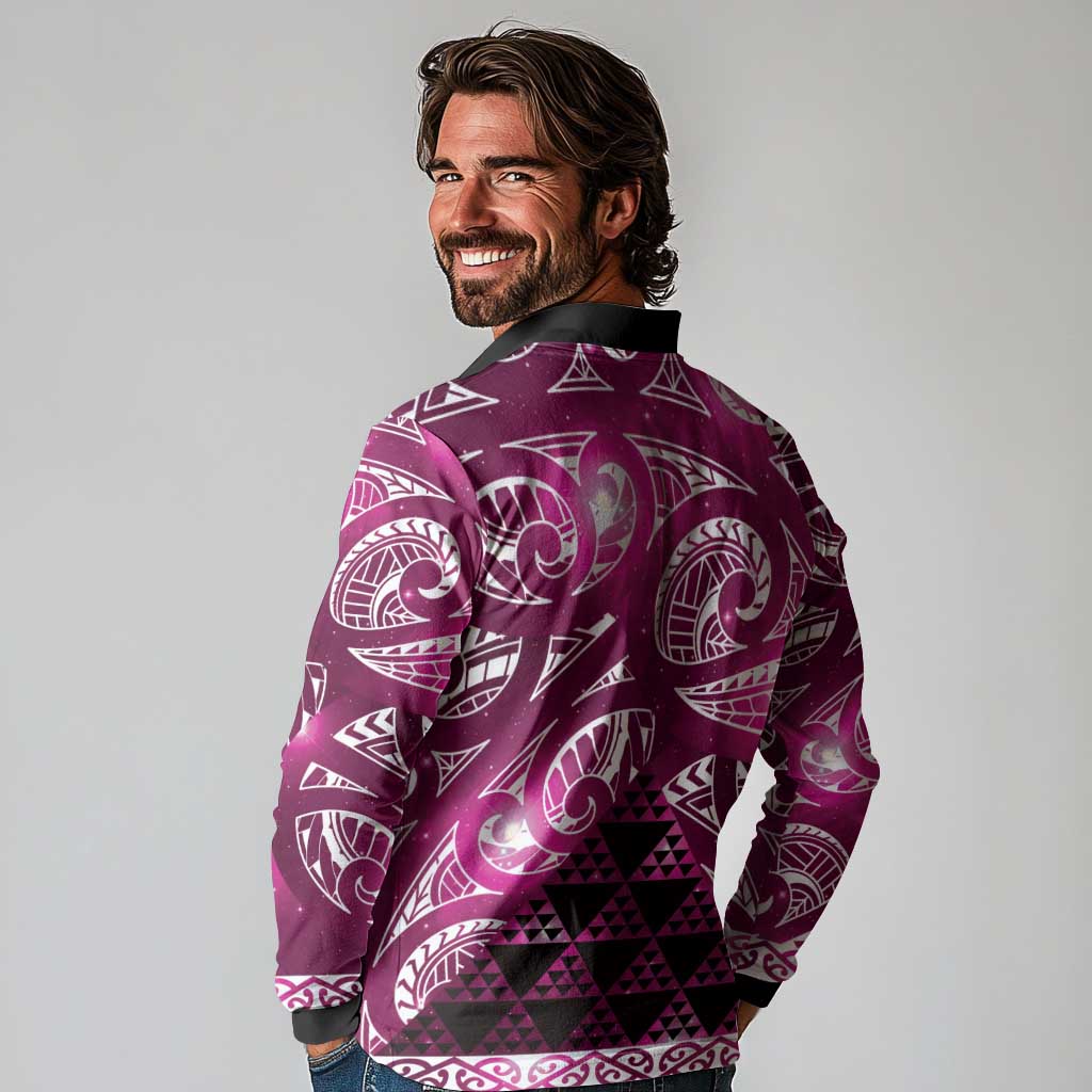 Matariki New Zealand Long Sleeve Polo Shirt NZ Niho Taniwha Maori New Year Pink Galaxy LT14 - Polynesian Pride