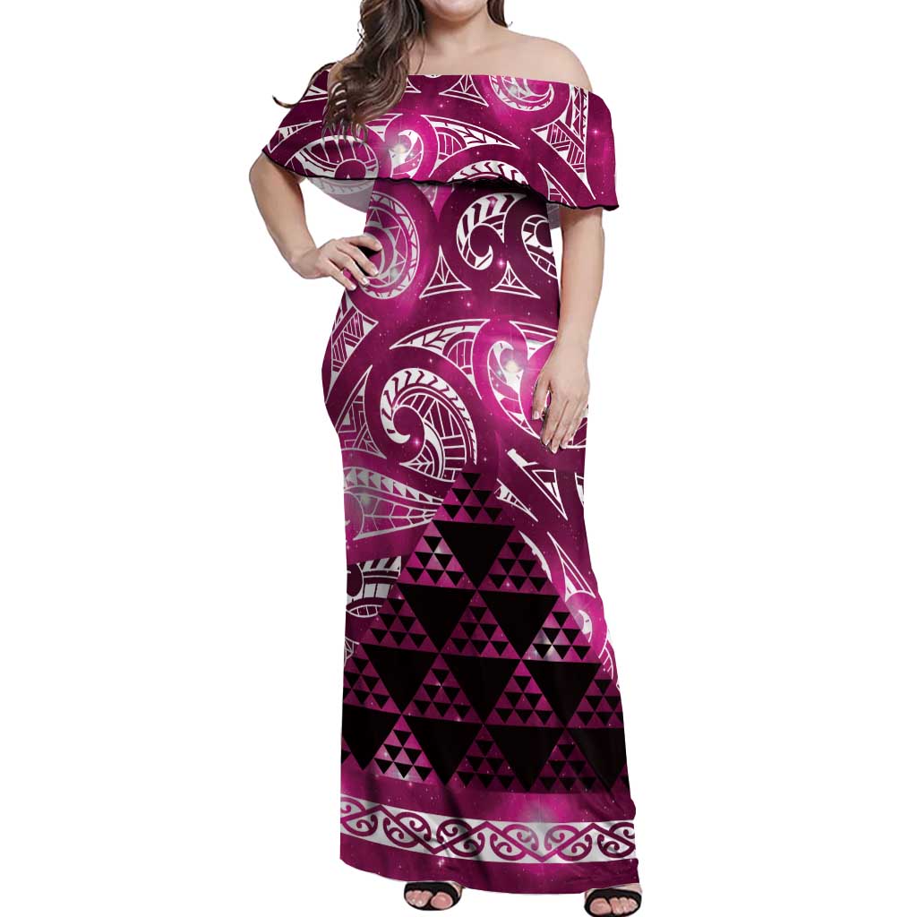 Matariki New Zealand Off Shoulder Maxi Dress NZ Niho Taniwha Maori New Year Pink Galaxy LT14 Women Pink - Polynesian Pride