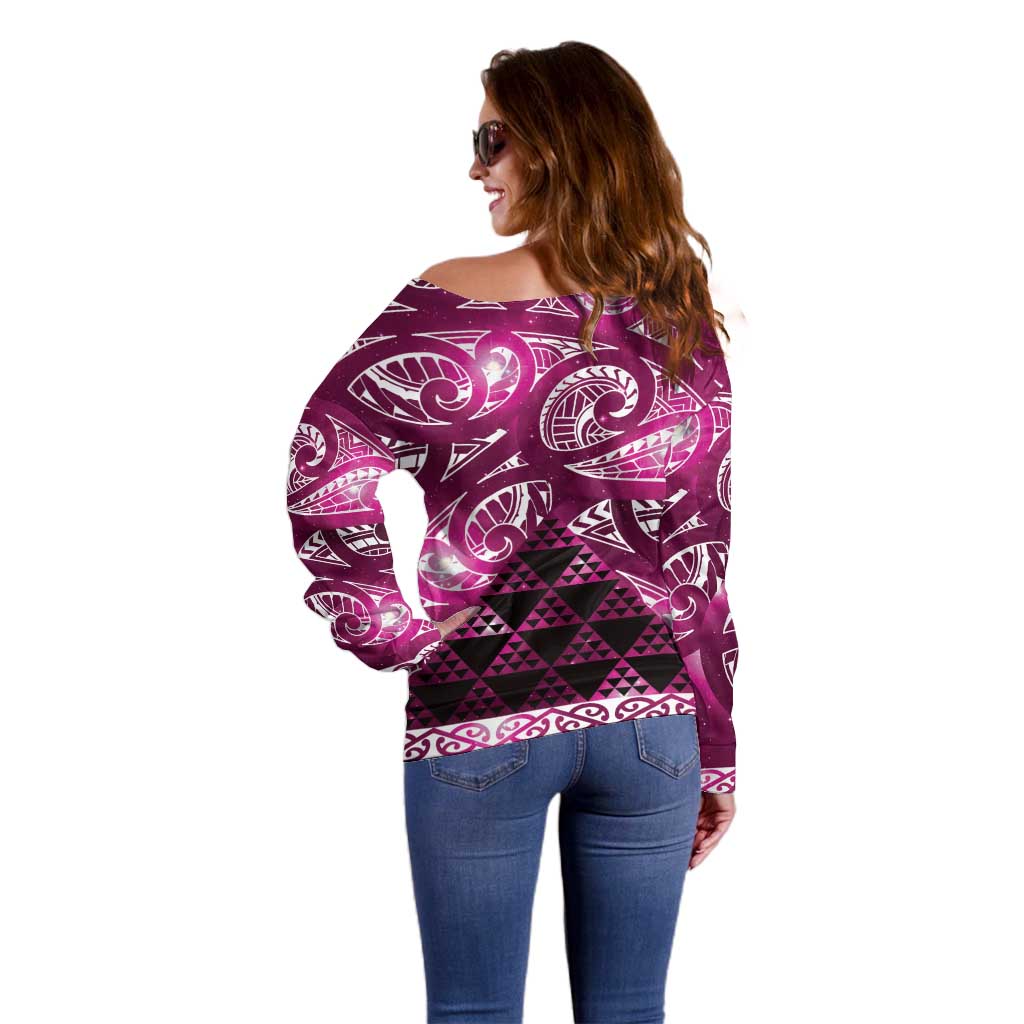 Matariki New Zealand Off Shoulder Sweater NZ Niho Taniwha Maori New Year Pink Galaxy