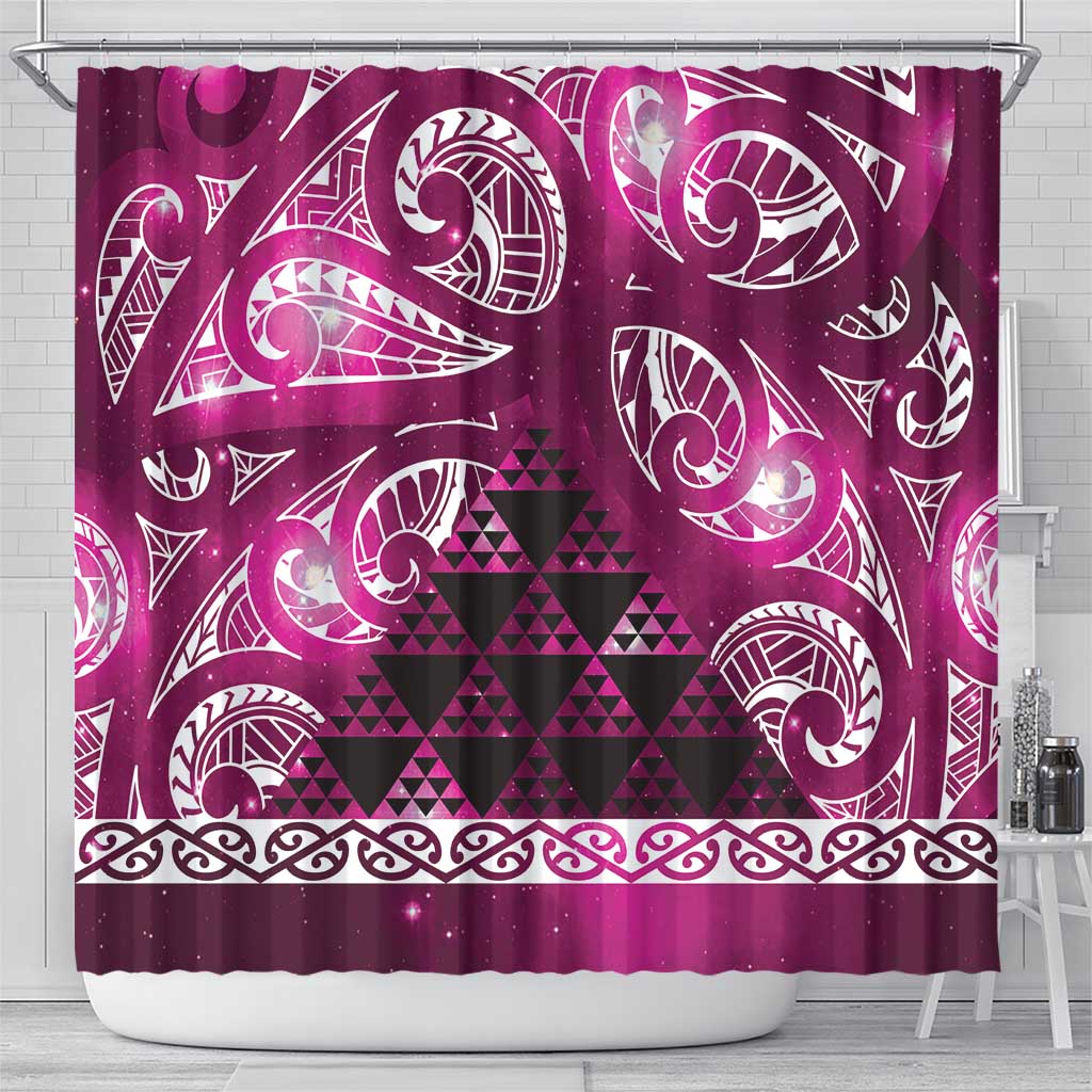 Matariki New Zealand Shower Curtain NZ Niho Taniwha Maori New Year Pink Galaxy