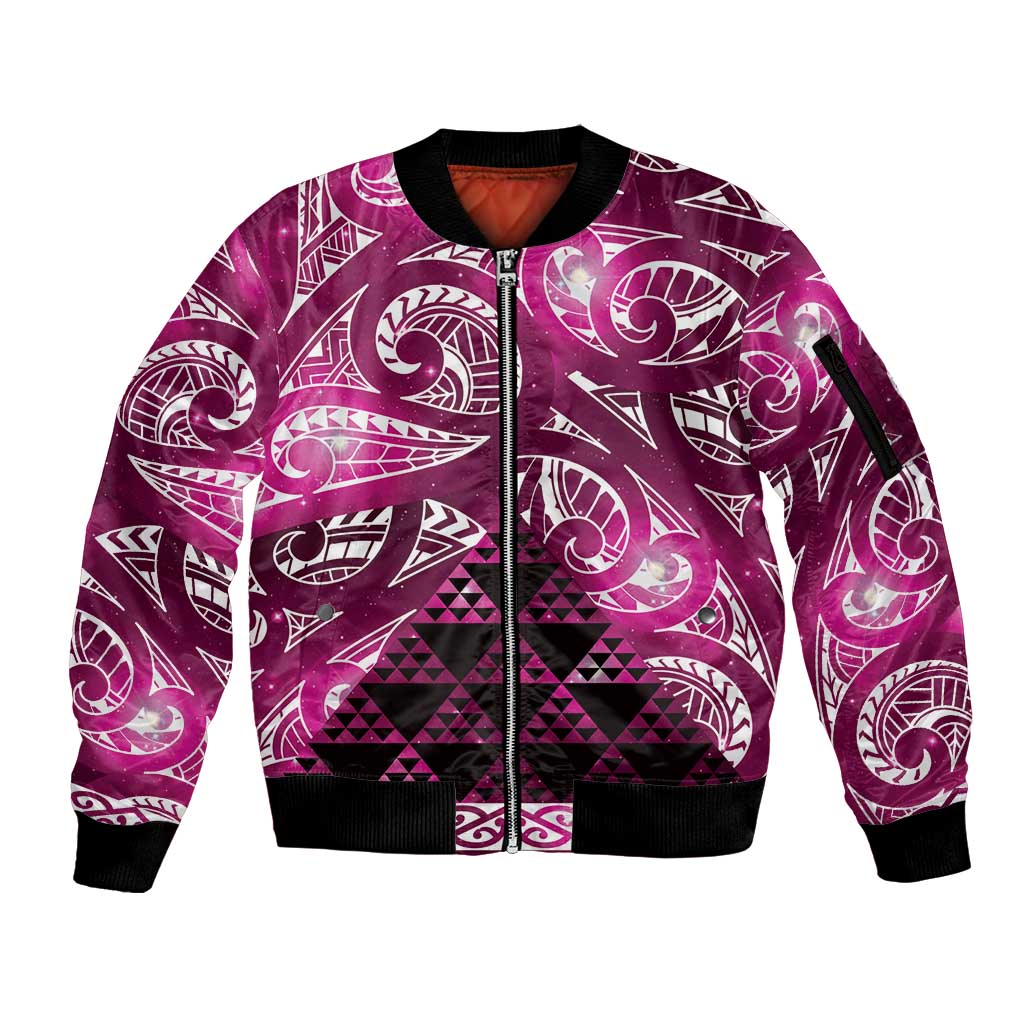 Matariki New Zealand Sleeve Zip Bomber Jacket NZ Niho Taniwha Maori New Year Pink Galaxy