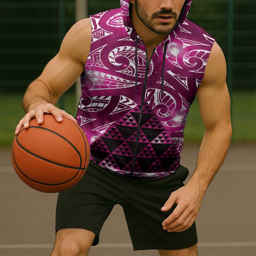 Matariki New Zealand Sleeveless Zip Hoodie NZ Niho Taniwha Maori New Year Pink Galaxy LT14 - Polynesian Pride