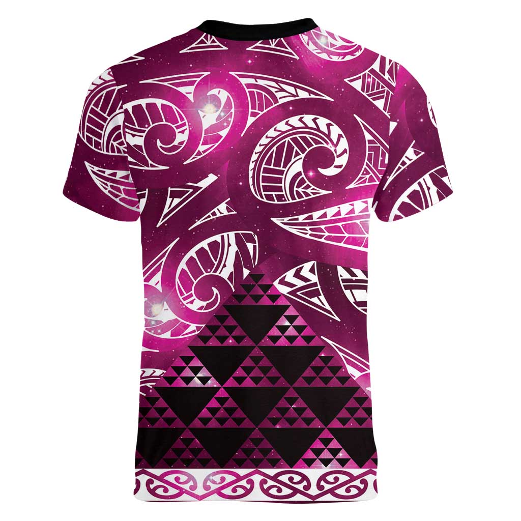 Matariki New Zealand Women V-Neck T-Shirt NZ Niho Taniwha Maori New Year Pink Galaxy LT14 - Polynesian Pride