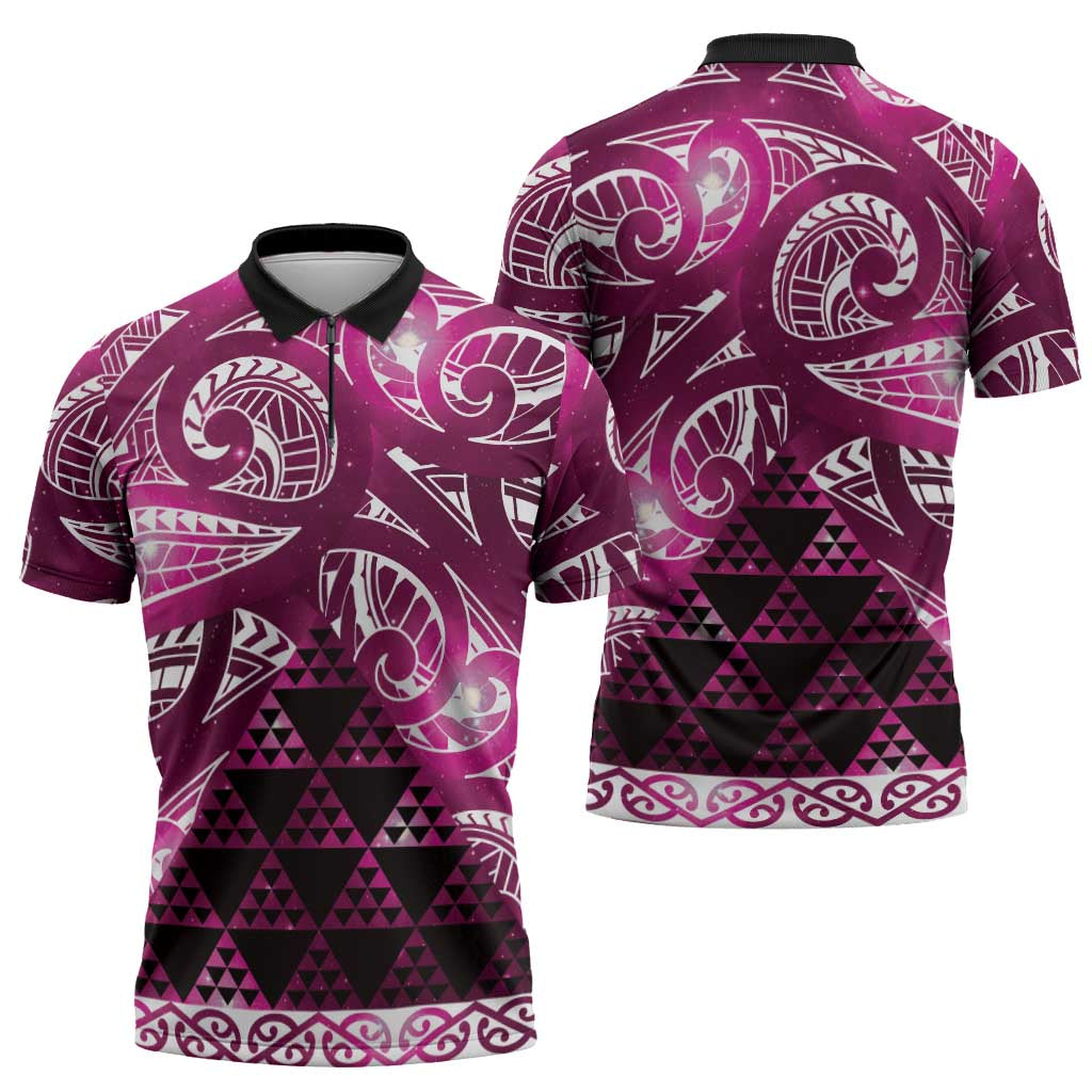 Matariki New Zealand Zipper Polo Shirt NZ Niho Taniwha Maori New Year Pink Galaxy LT14 - Polynesian Pride