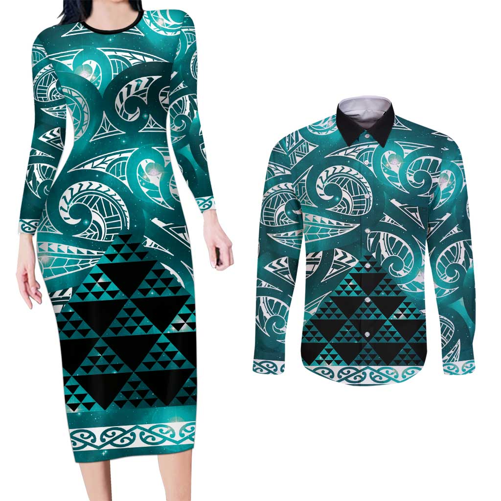 Matariki New Zealand Couples Matching Long Sleeve Bodycon Dress and Long Sleeve Button Shirt NZ Niho Taniwha Maori New Year Cyan Galaxy LT14 Cyan - Polynesian Pride
