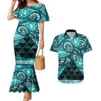 Matariki New Zealand Couples Matching Mermaid Dress and Hawaiian Shirt NZ Niho Taniwha Maori New Year Cyan Galaxy LT14 Cyan - Polynesian Pride