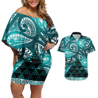 Matariki New Zealand Couples Matching Off Shoulder Short Dress and Hawaiian Shirt NZ Niho Taniwha Maori New Year Cyan Galaxy LT14 Cyan - Polynesian Pride