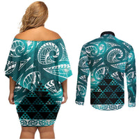 Matariki New Zealand Couples Matching Off Shoulder Short Dress and Long Sleeve Button Shirt NZ Niho Taniwha Maori New Year Cyan Galaxy LT14 - Polynesian Pride